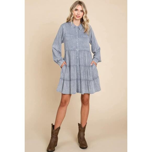 JODIFL Dresses & Skirts - Jodifl Blue Washed Tiered Shirt Dress Long Sleeve Button Down Babydoll Large